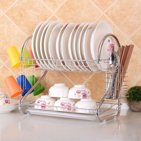 2 Layer Plate Stand ,Kitchen Chrome Cup Dish Drying Rack