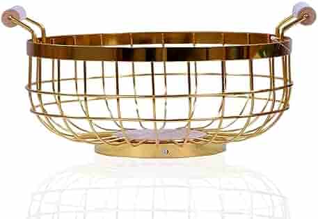 Golden metal round fruit-vegetable basket for dining table & kitchen
