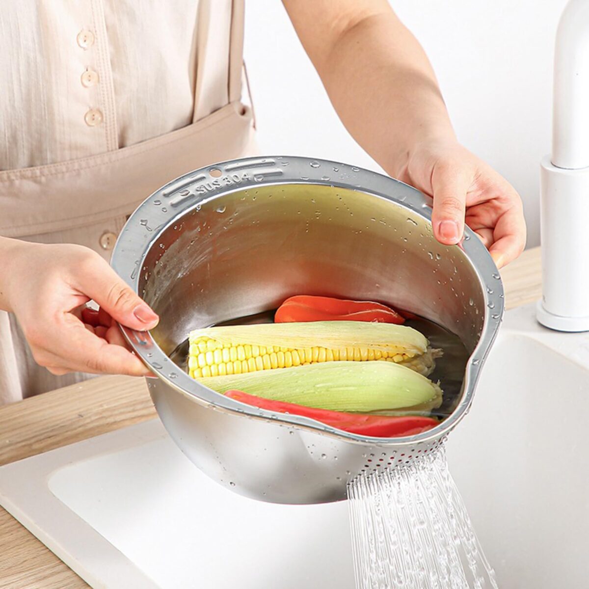 Stainless steel Fruit Vegetable Drainer for Cleaning Rice Bowl - Image 4